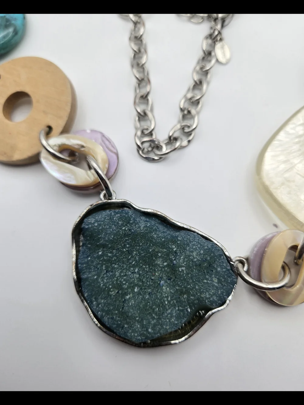 Chico's Teal Wood Silver Mixed Media Necklace Druzy Labradorite Turquoise READ